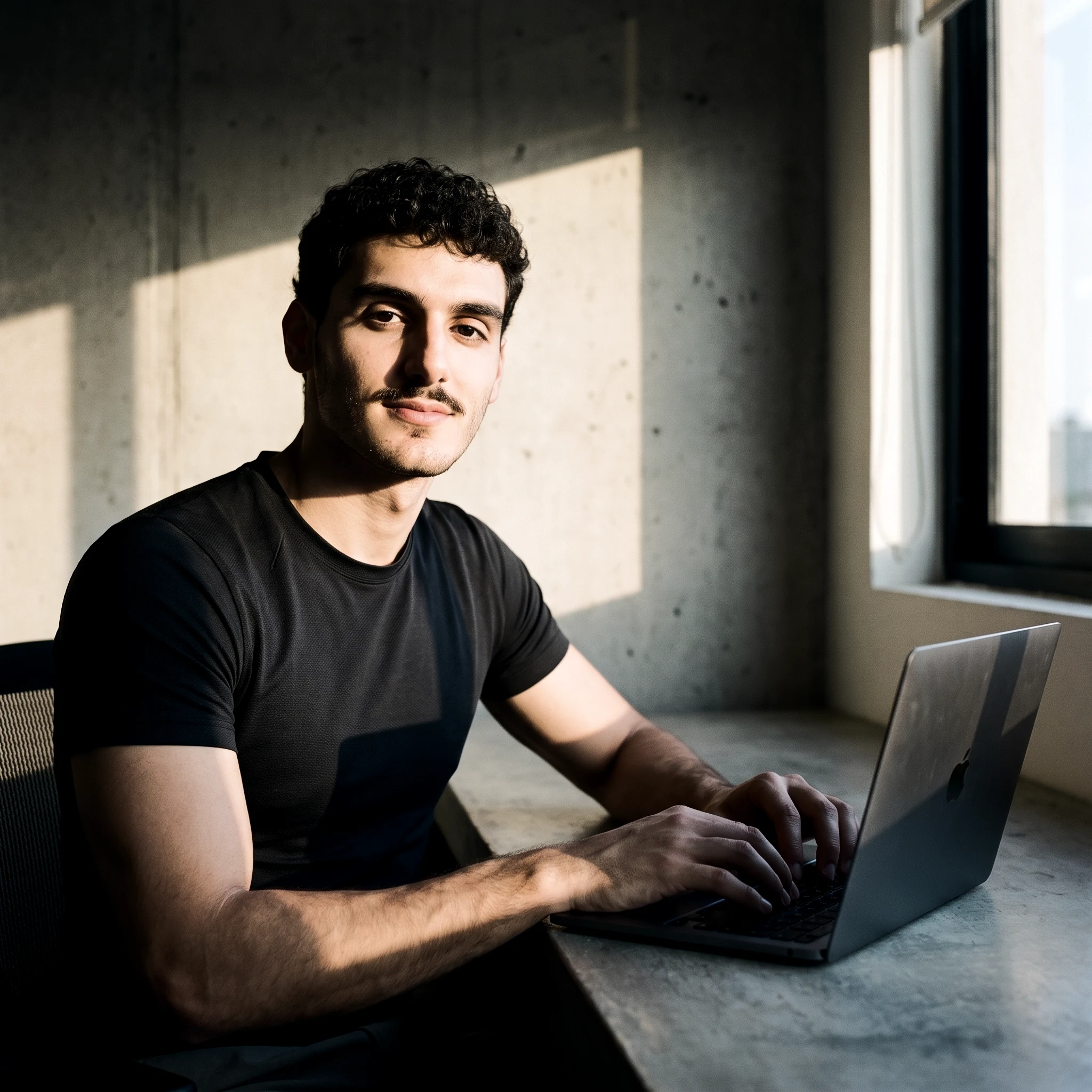Sebastián Reynoso de frente a la cámara, tecleando en su MacBook sobre un escritorio de concreto